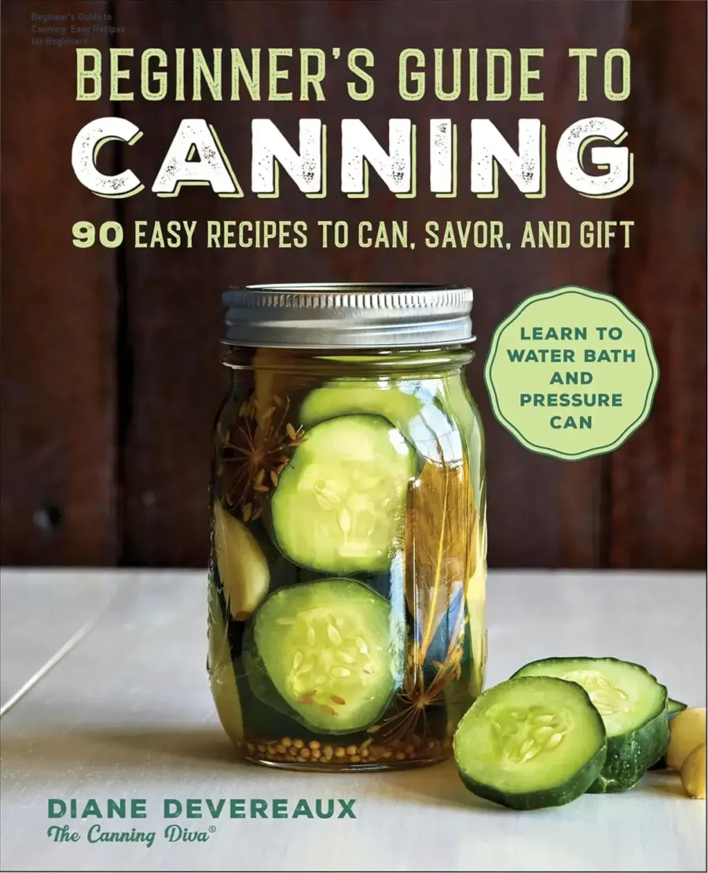 Digital cookbook cover for beginner canning guide with preserve jars and recipes