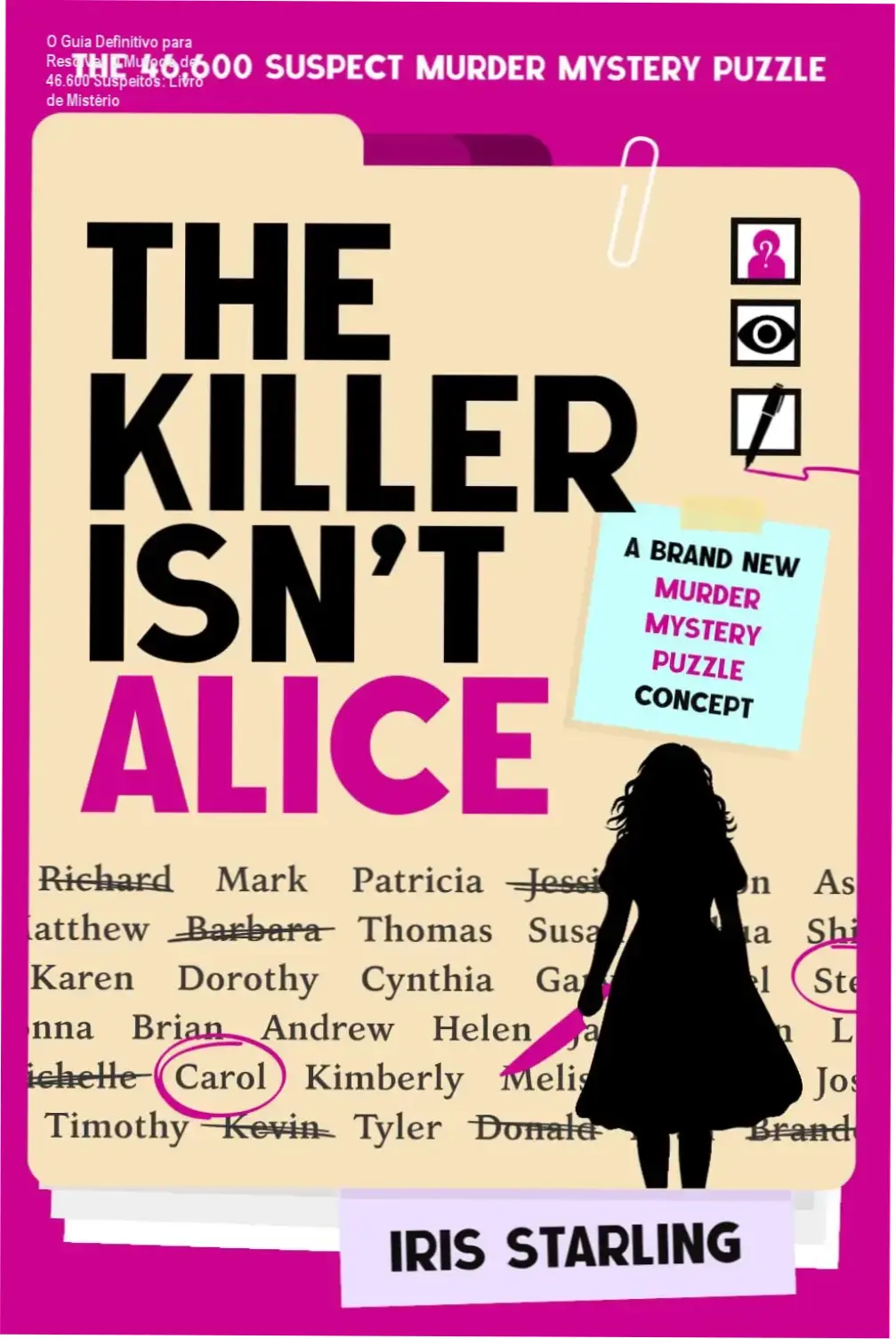 Um livro aberto com capa misteriosa mostrando nomes de suspeitos e cluees