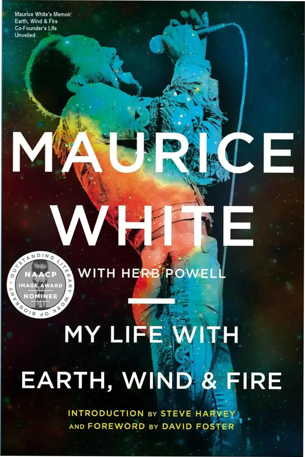 Capa colorida da edição digital do livro My Life with Earth, Wind & Fire, destacando o autor Maurice White e o texto principal.
