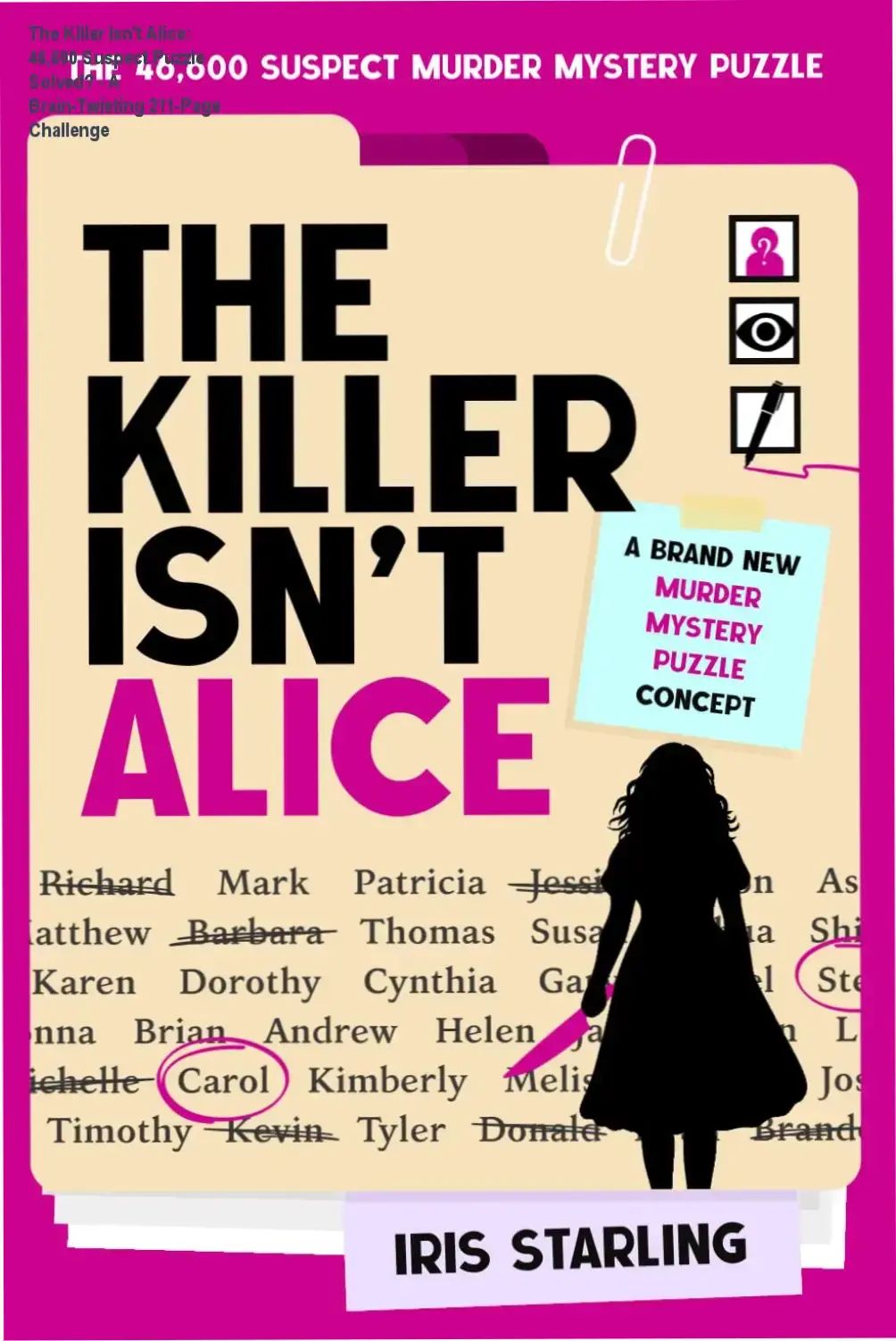The Killer Isn't Alice book cover showing a dark teal background with a magnifying glass and hidden crime scene clues