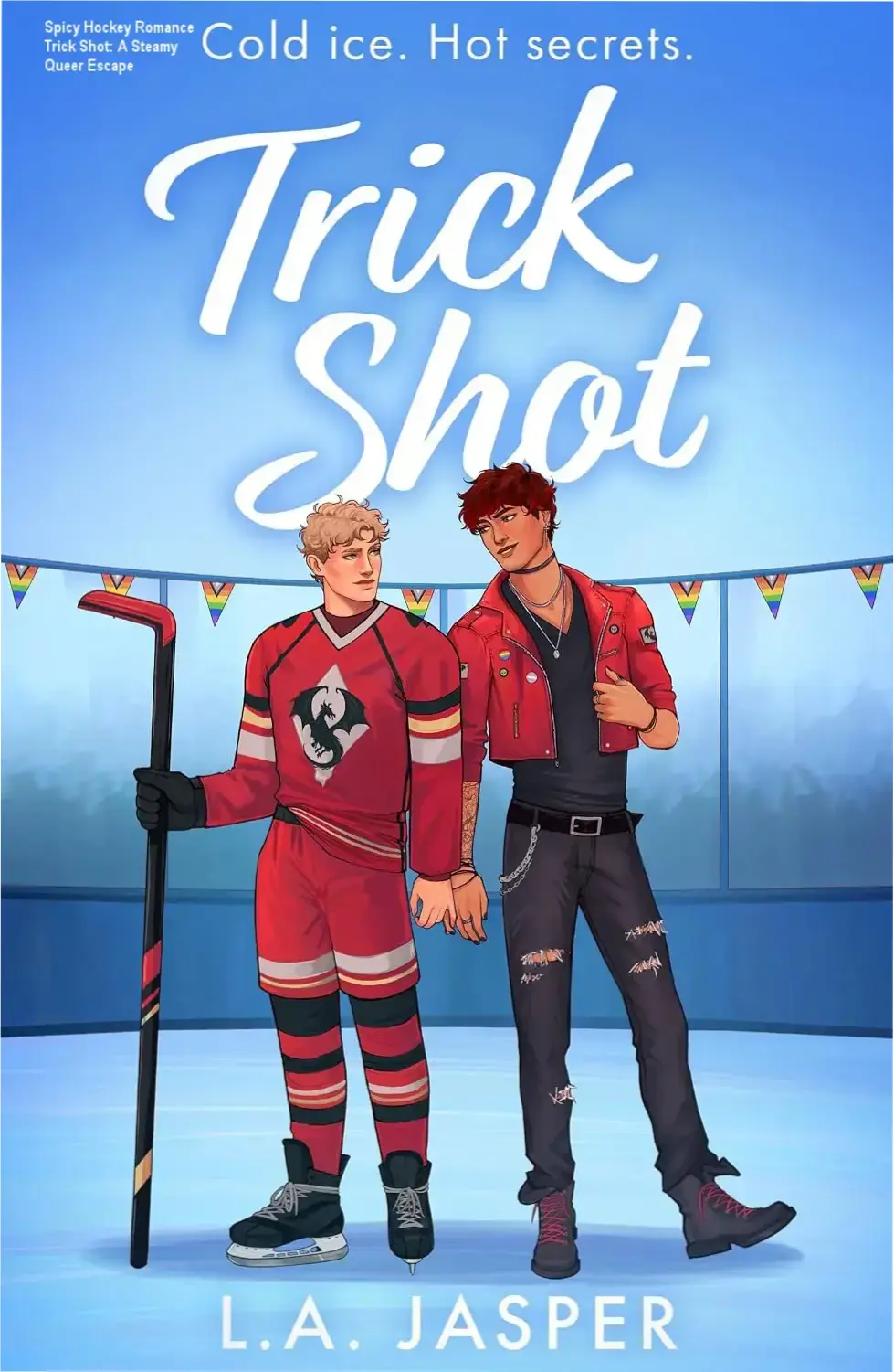 Book cover image for Trick Shot featuring hockey player Nick and rockstar Matt against a vibrant backdrop