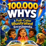 A spread of the 100,000 Whys for Kids book showing full-color educational infographics
