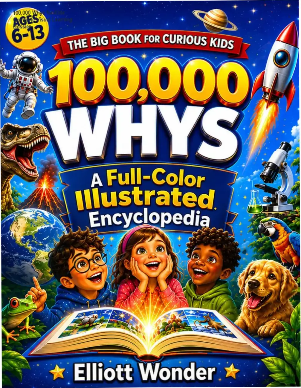 A spread of the 100,000 Whys for Kids book showing full-color educational infographics