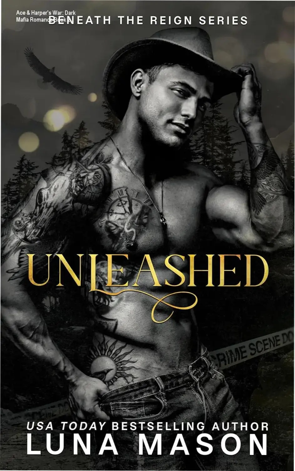 Cover image of Unleashed: A Dark Mafia Cowboy Romance featuring Ace and Harper Jones in intense eye contact with a dark, gritty aesthetic