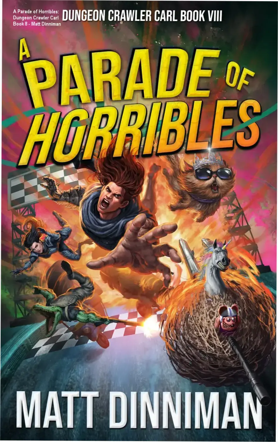 A digital cover art depicting a corrupted racing track with glitches and shadowy figures lurking in the background.