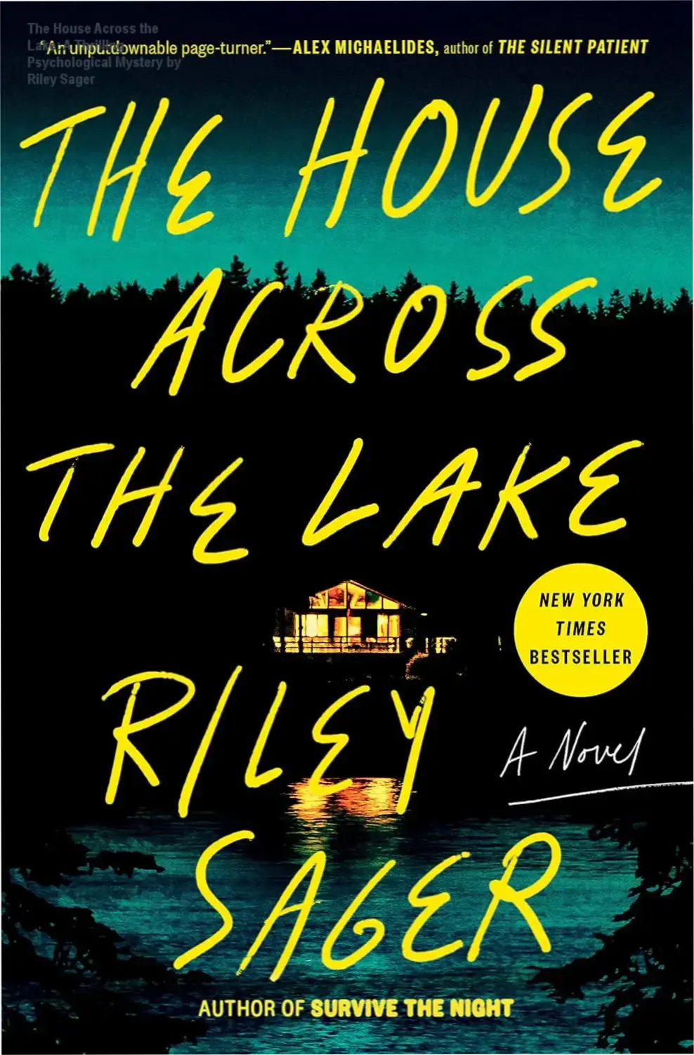A lakeside house setting with a mysterious couple and a protagonist observing from a distance, evoking suspense and intrigue.