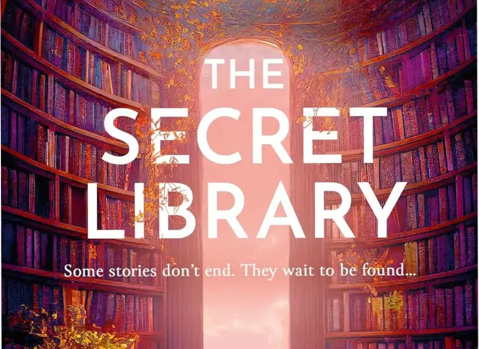 A glowing ebook reader displaying glowing snippets from The Secret Library novel